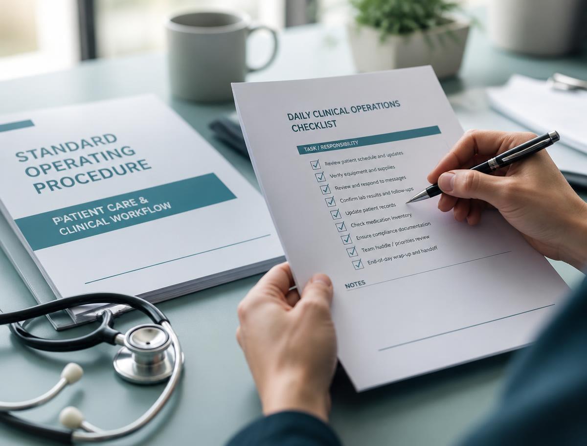 Documentos, POPs e checklists organizados sobre uma mesa de trabalho